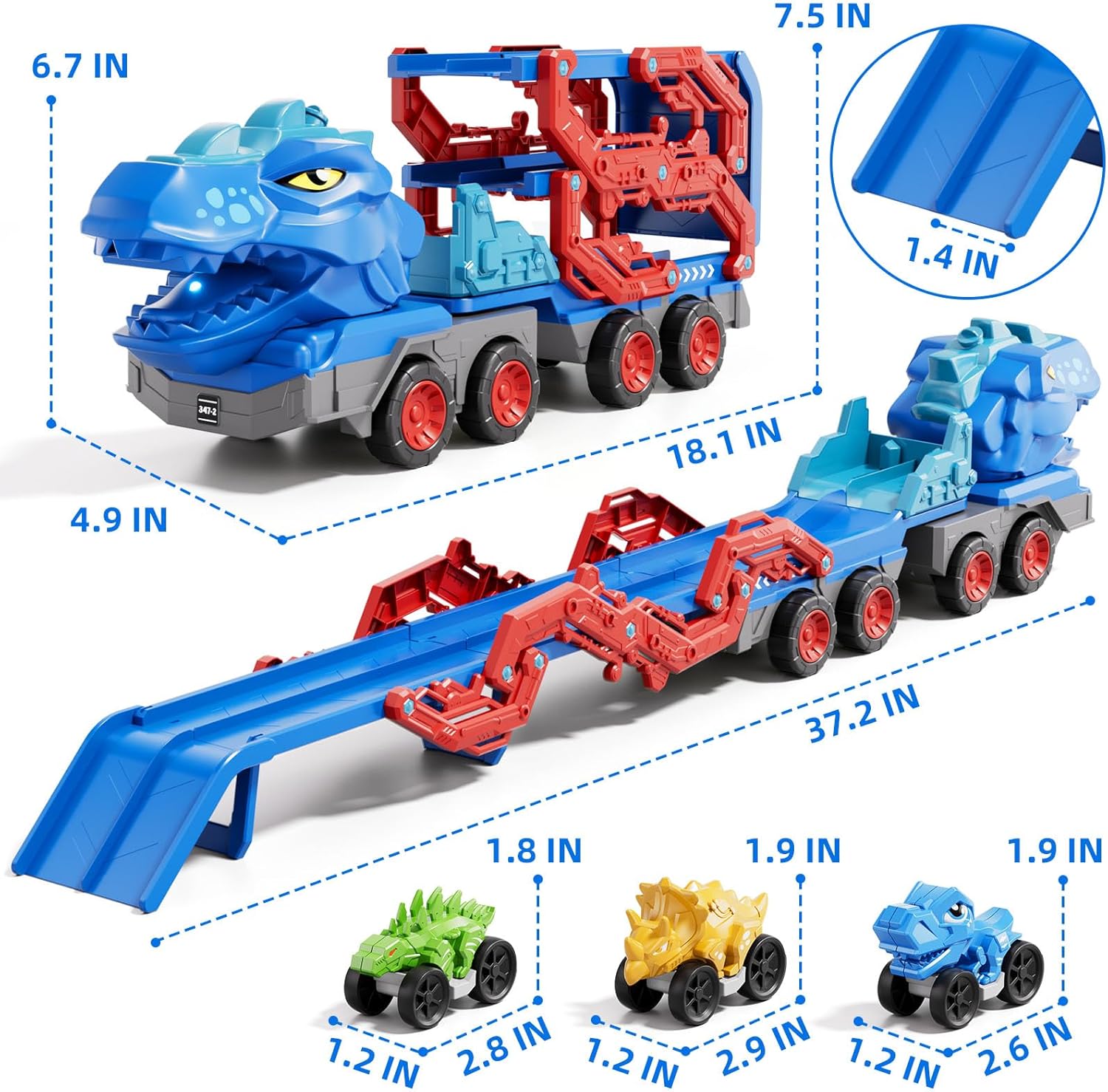 Kids Dinosaur Truck Toys 9 Dino Cars Foldable Track with Spray Light Sounds Holiday Gifts