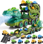 Kids Dinosaur Truck Toys 9 Dino Cars Foldable Track with Spray Light Sounds Holiday Gifts