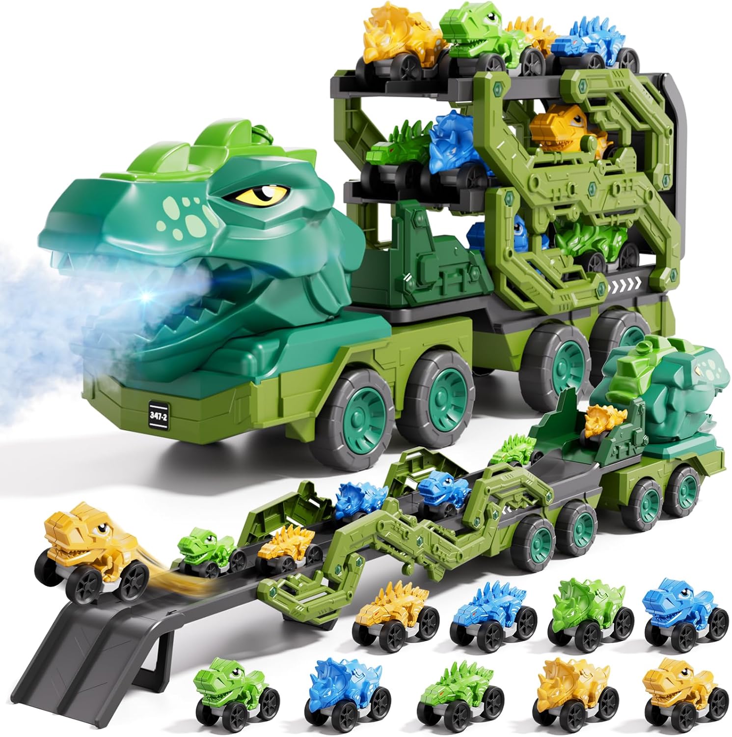 Kids Dinosaur Truck Toys 9 Dino Cars Foldable Track with Spray Light Sounds Holiday Gifts