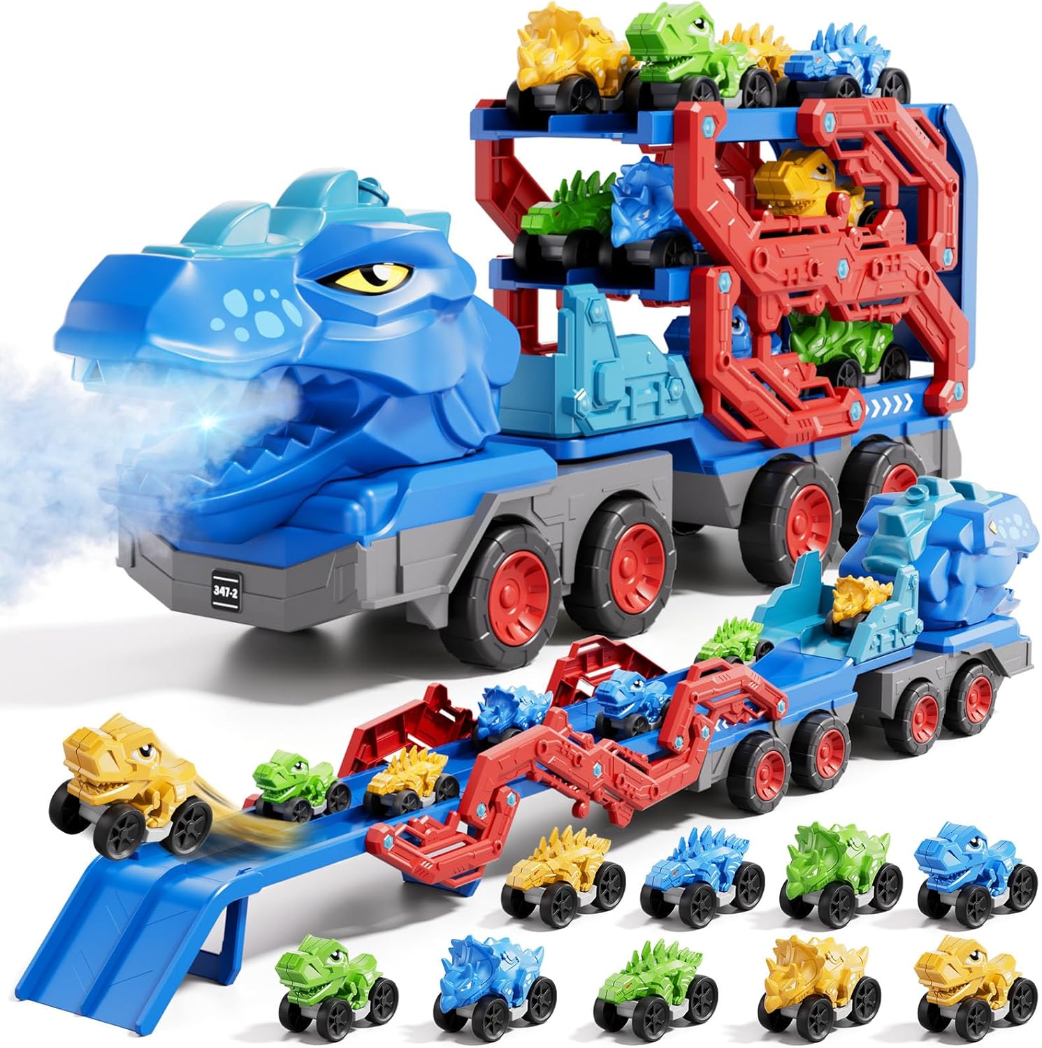 Kids Dinosaur Truck Toys 9 Dino Cars Foldable Track with Spray Light Sounds Holiday Gifts