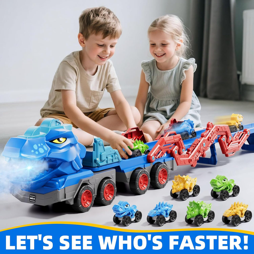 Kids Dinosaur Truck Toys 9 Dino Cars Foldable Track with Spray Light Sounds Holiday Gifts