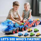 Kids Dinosaur Truck Toys 9 Dino Cars Foldable Track with Spray Light Sounds Holiday Gifts