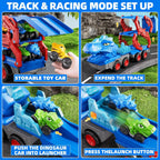 Kids Dinosaur Truck Toys 9 Dino Cars Foldable Track with Spray Light Sounds Holiday Gifts