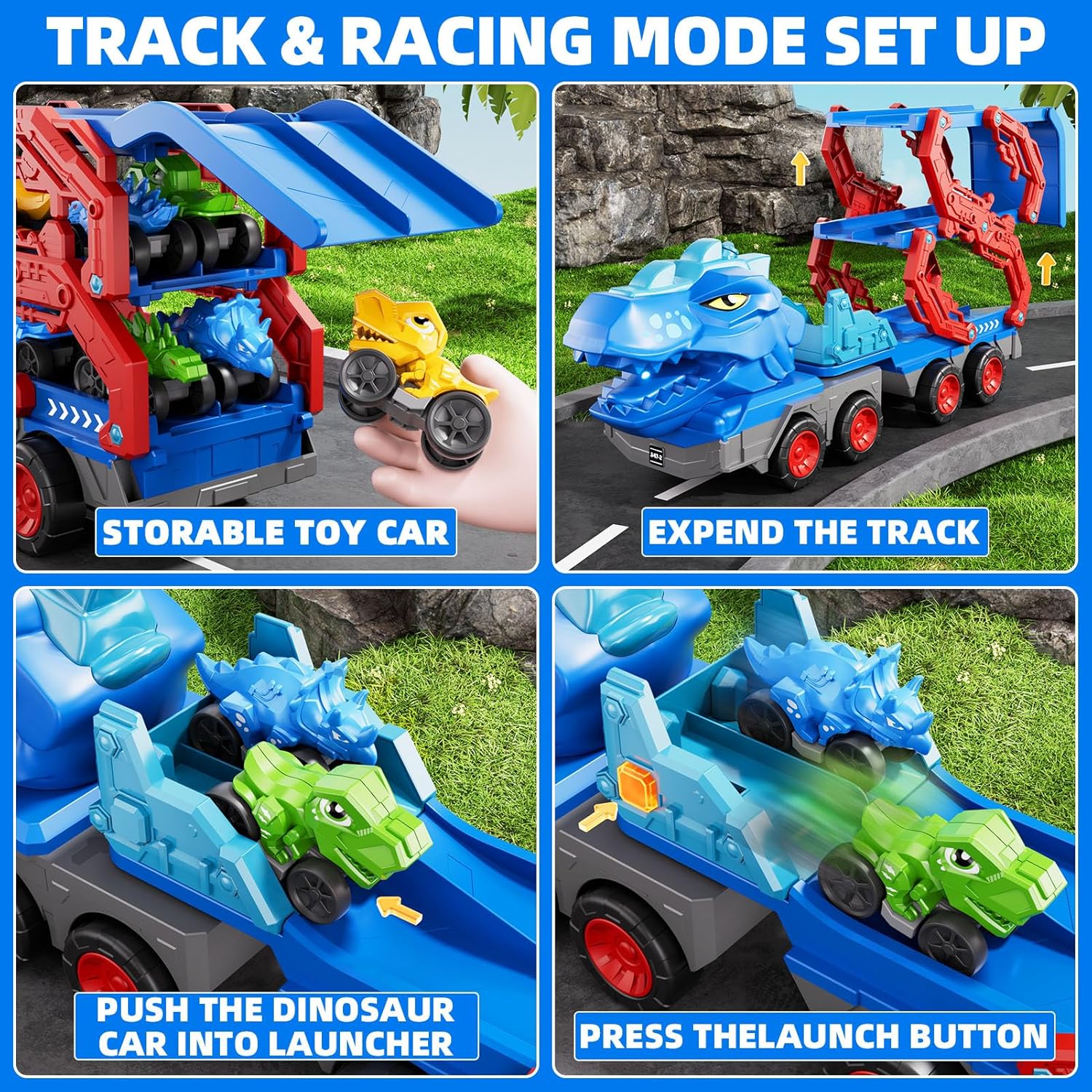 Kids Dinosaur Truck Toys 9 Dino Cars Foldable Track with Spray Light Sounds Holiday Gifts