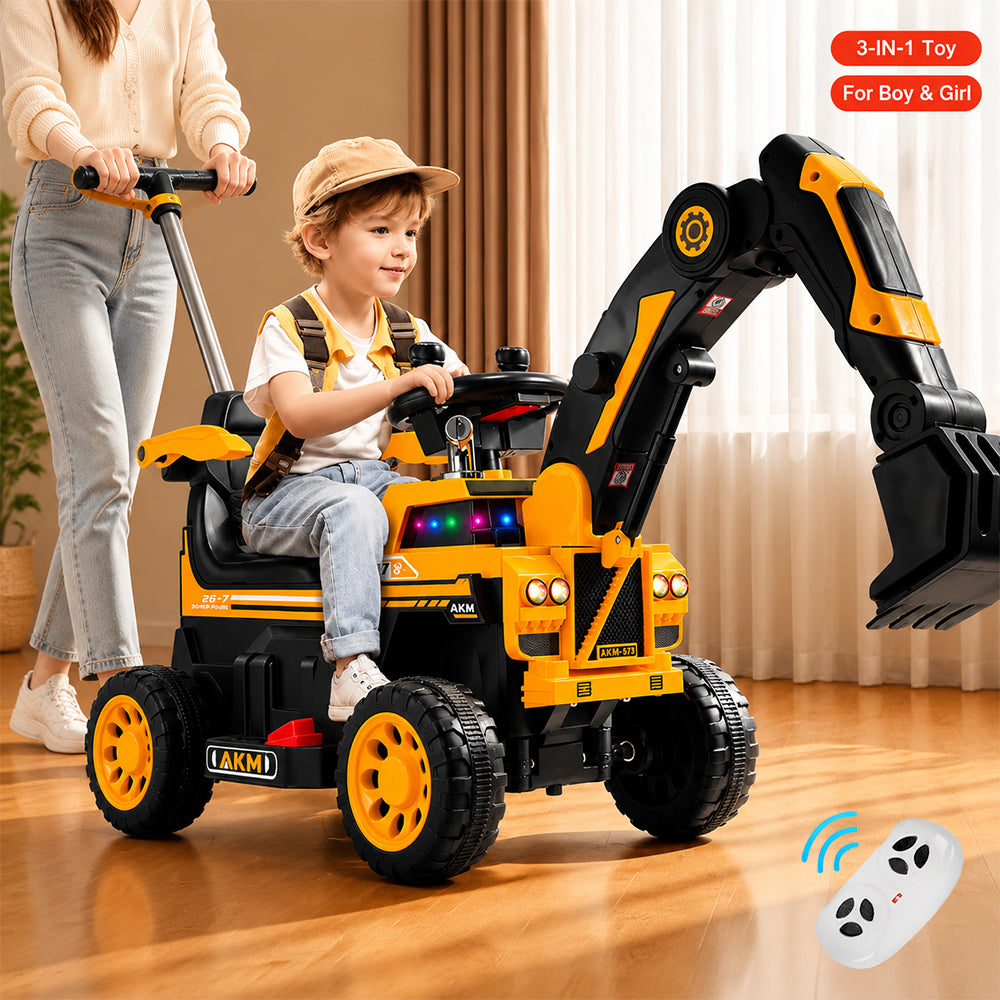 3-In-1 Toddler 6V Ride-On Push Car Kids 4WD Rechargeable Excavator with Fully Electric Digging Arm