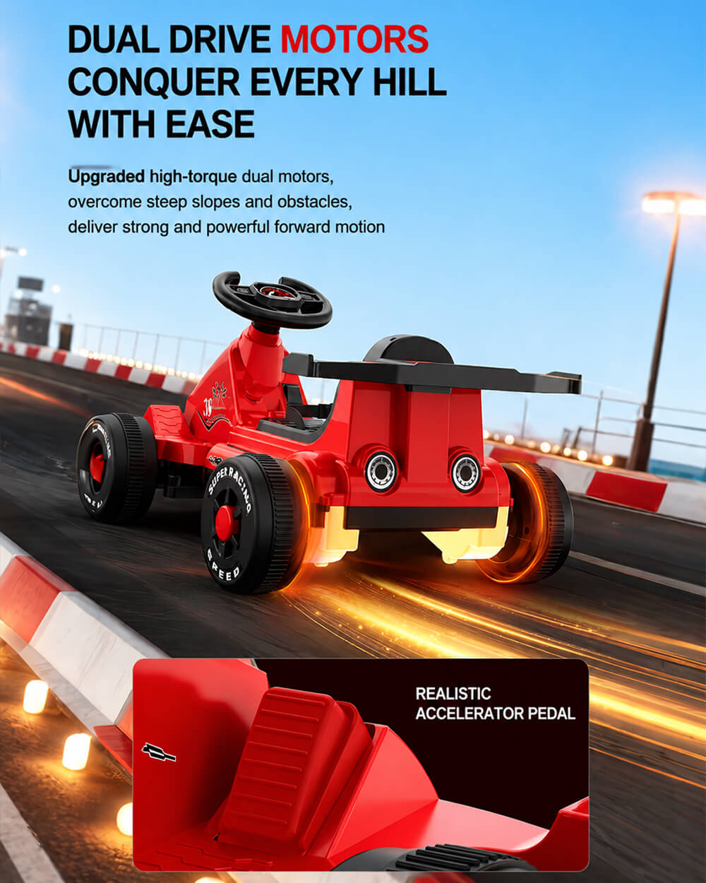 Kids Electric Go Kart 6V Wide Seat Ride On Car with Bluetooth Music Player and Light