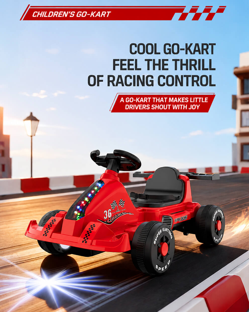 Kids Electric Go Kart 6V Wide Seat Ride On Car with Bluetooth Music Player and Light