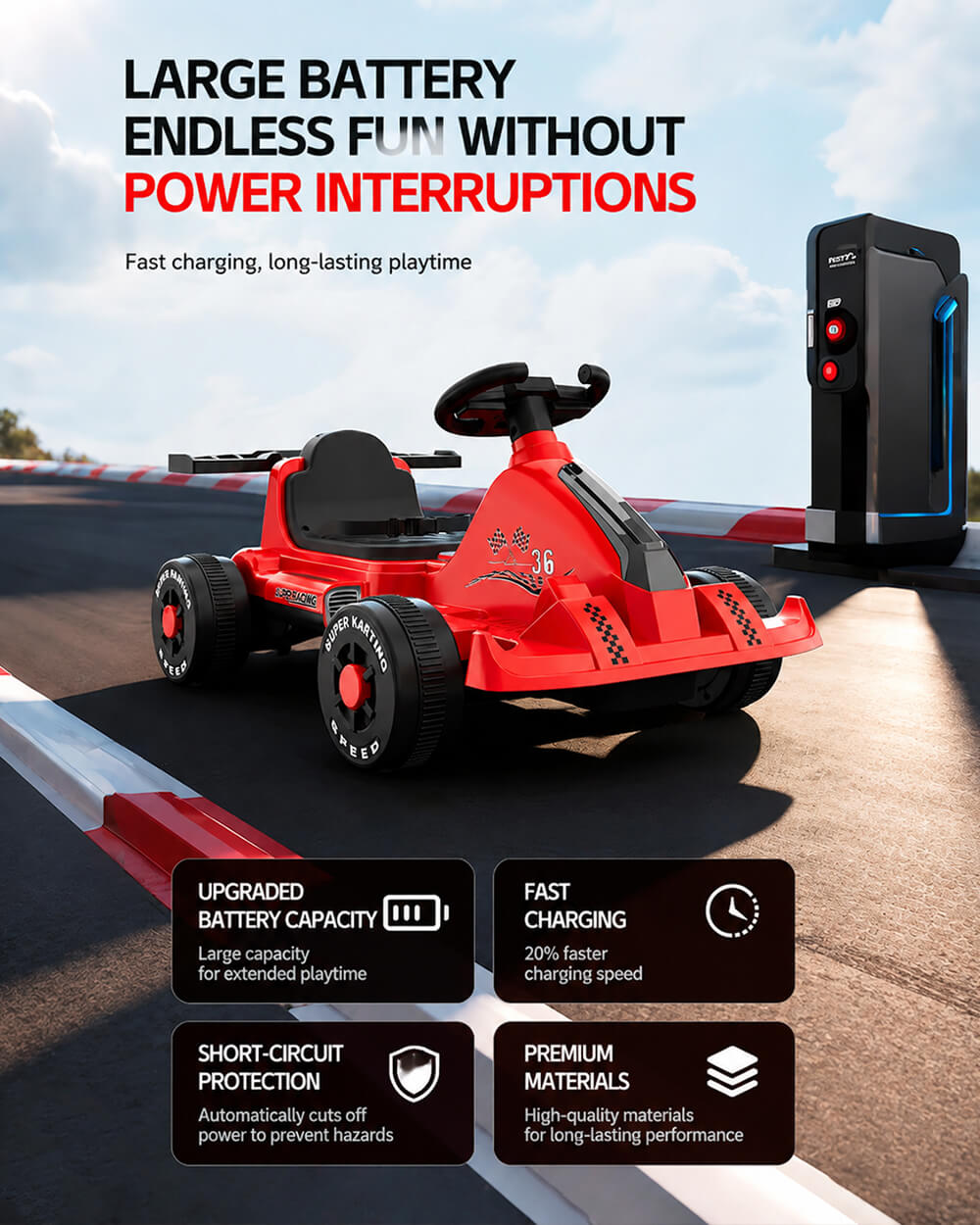 Kids Electric Go Kart 6V Wide Seat Ride On Car with Bluetooth Music Player and Light