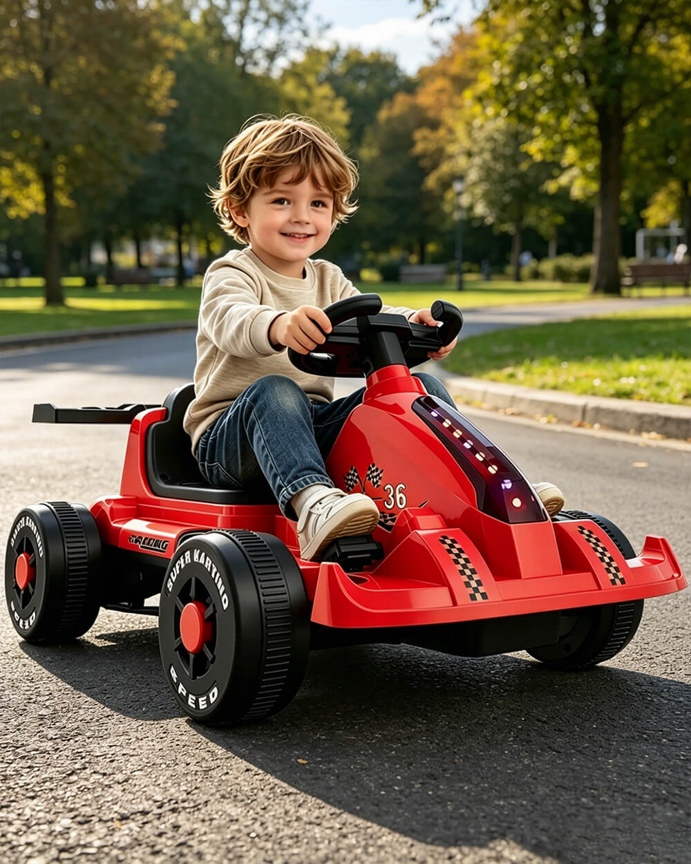 Kids Electric Go Kart 6V Wide Seat Ride On Car with Bluetooth Music Player and Light
