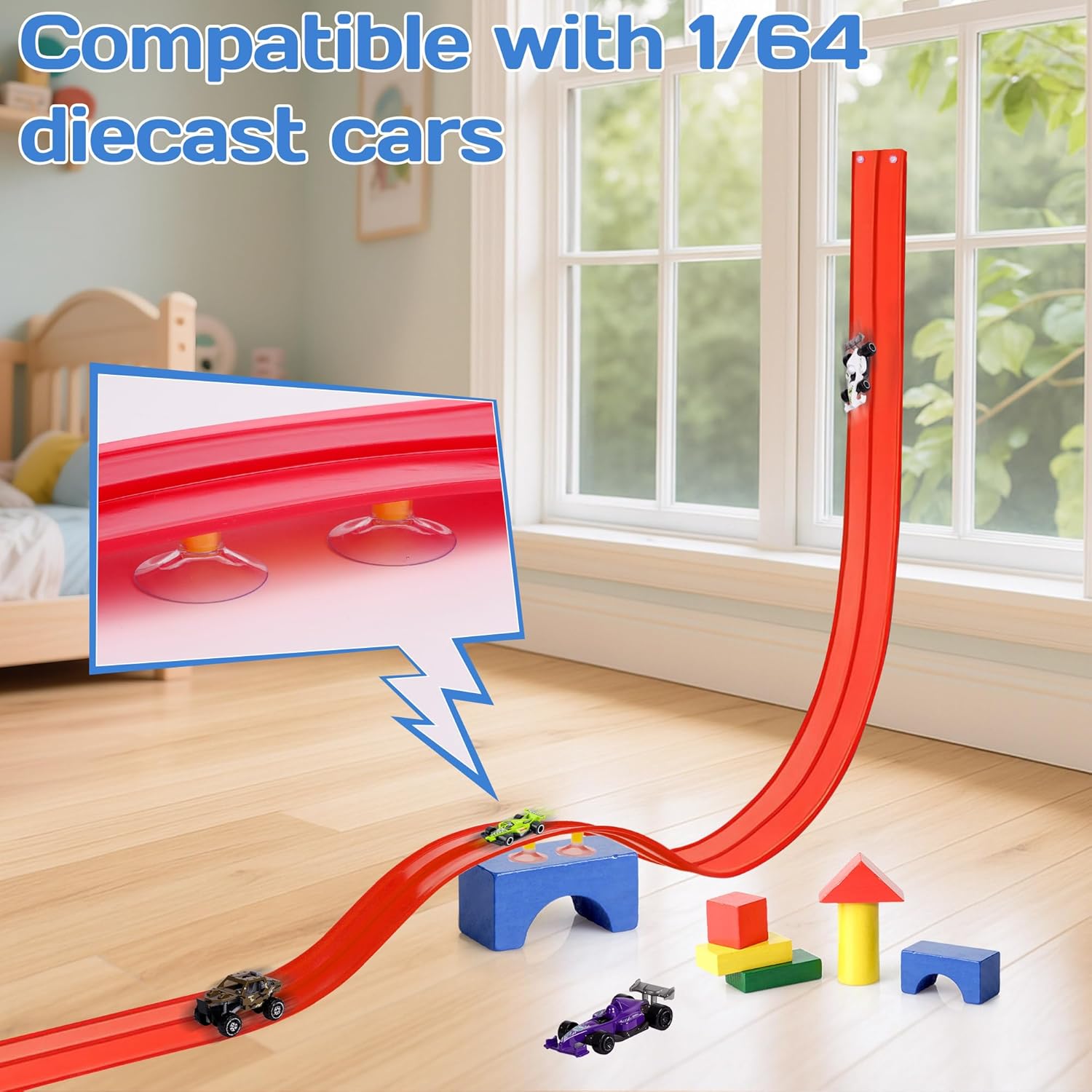 Kids Flexible Race Track Car Set with Suction Cups Inertia Gliding Car DIY Assembly Track Toy