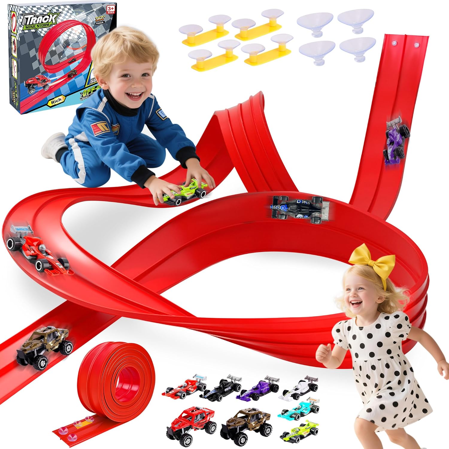 Kids Flexible Race Track Car Set with Suction Cups Inertia Gliding Car DIY Assembly Track Toy