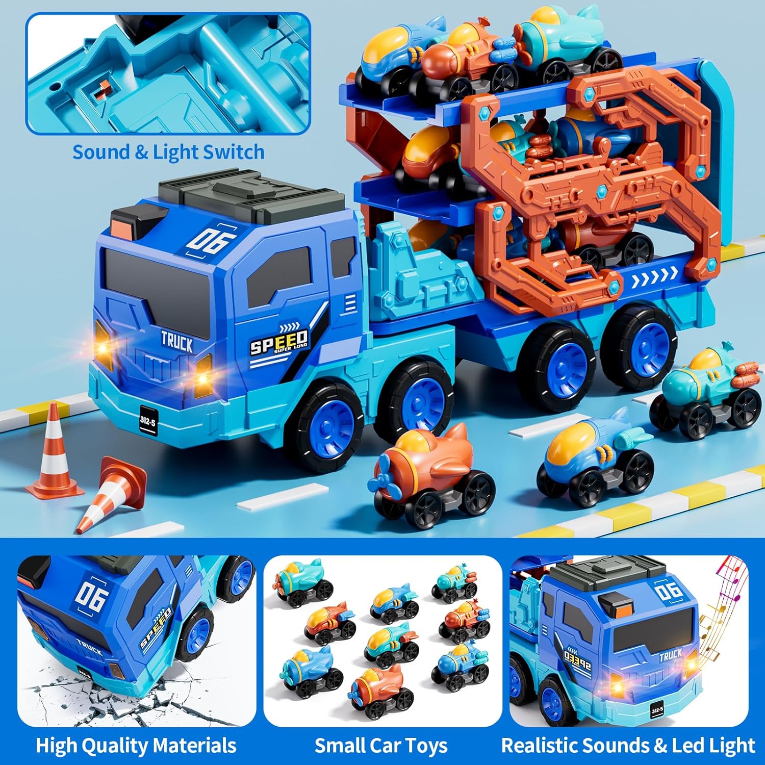 Kids Folding Catapult Car Set 9pcs Small Space Cars Inertial Catapult Track Storage Vehicle with Sound Light