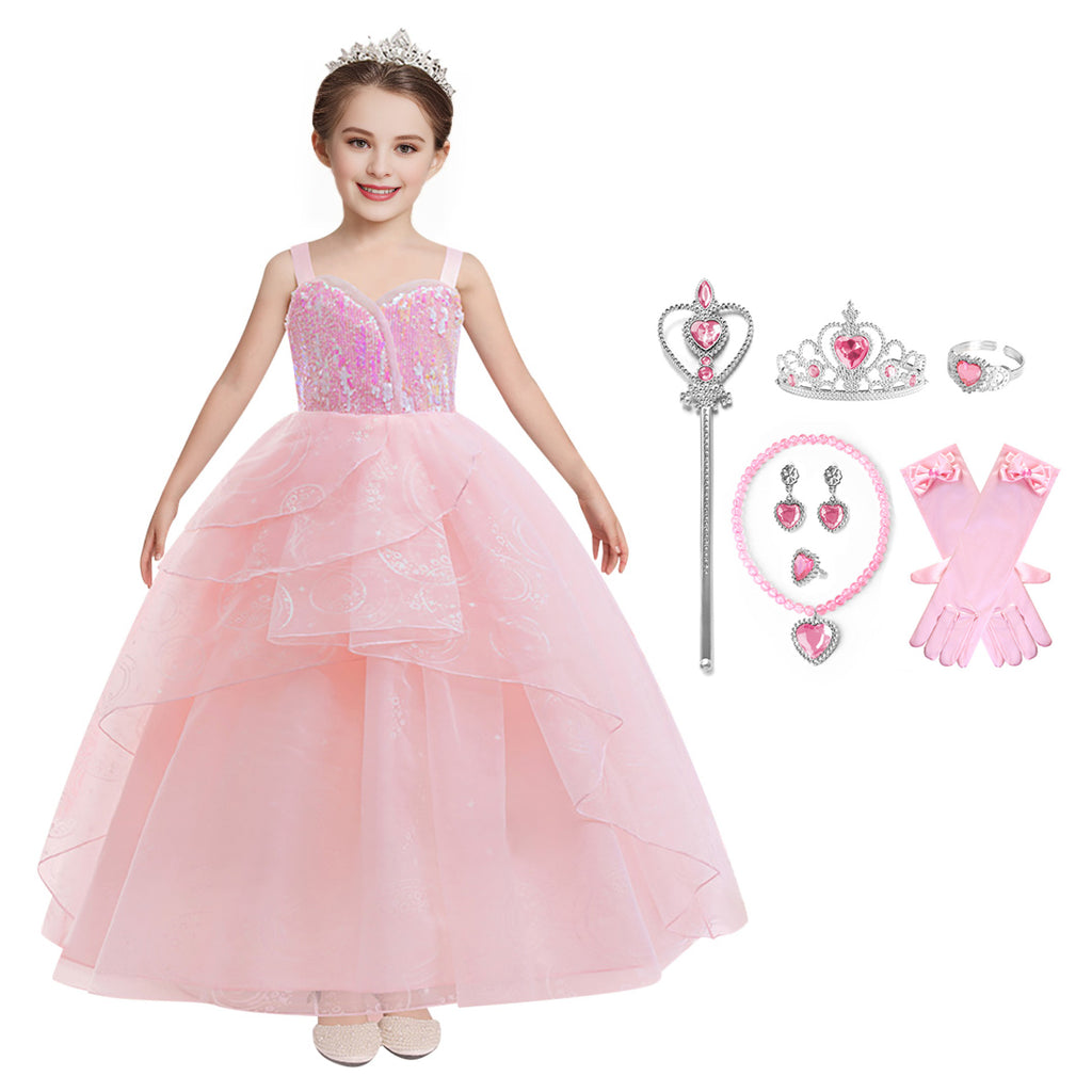 Kids Glinda Dress Pink Glinda Cosplay Costume for Girls 4-12 Years Old