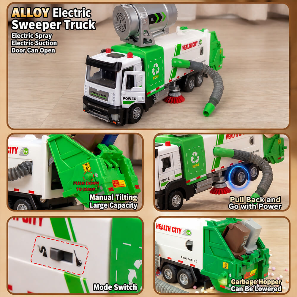 Kids Multifunctional Alloy Car Sanitation Sweeper Truck Toy with Spray and Vacuum Cleaning Functions