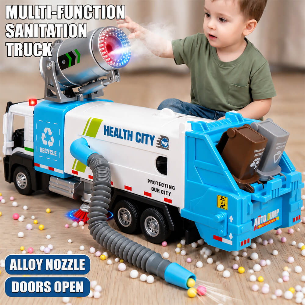 Kids Multifunctional Alloy Car Sanitation Sweeper Truck Toy with Spray and Vacuum Cleaning Functions