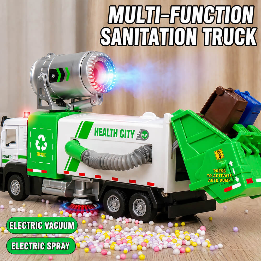Kids Multifunctional Alloy Car Sanitation Sweeper Truck Toy with Spray and Vacuum Cleaning Functions