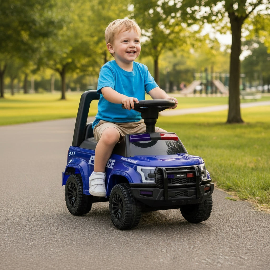 Kids Police Car Ride On Toy with Under Seat Storage Sliding Vehicle Musical Steering Push Car