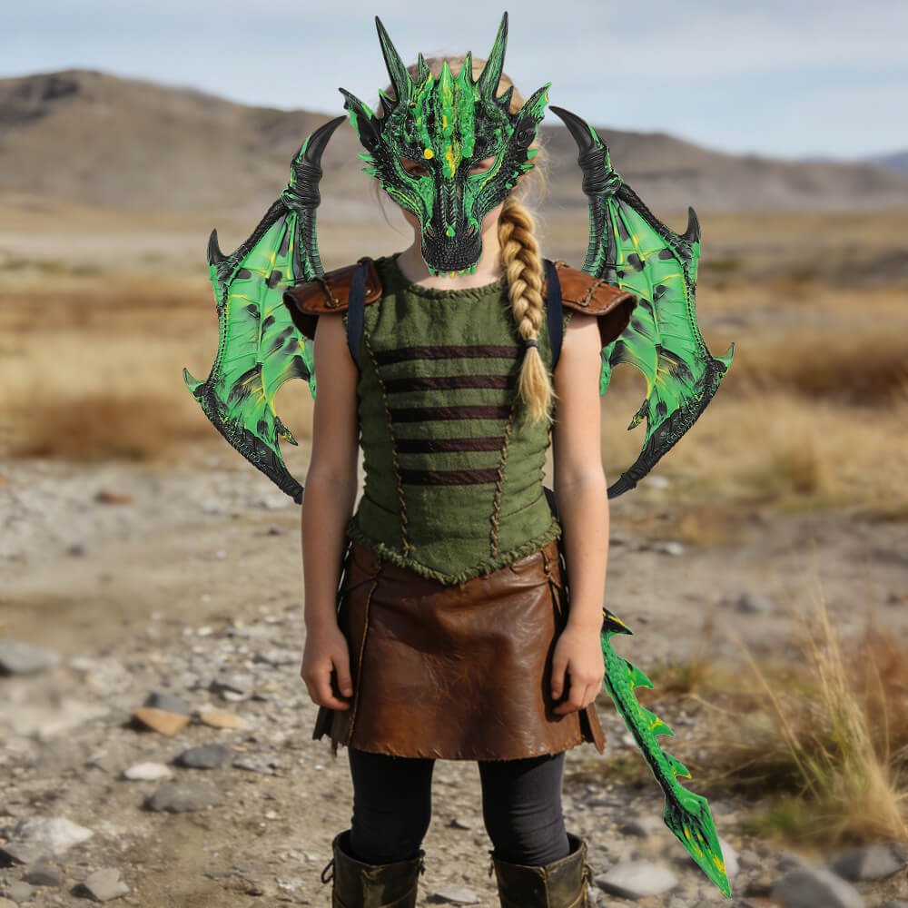 Kids RP Dragon Costume Set 3-Piece Mask Wings and Tail Fantasy Lightweight Cosplay for Theme Party