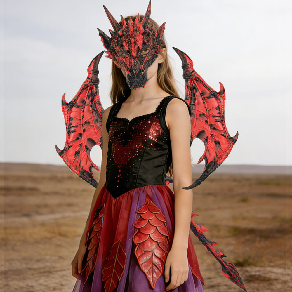 Kids RP Dragon Costume Set 3-Piece Mask Wings and Tail Fantasy Lightweight Cosplay for Theme Party