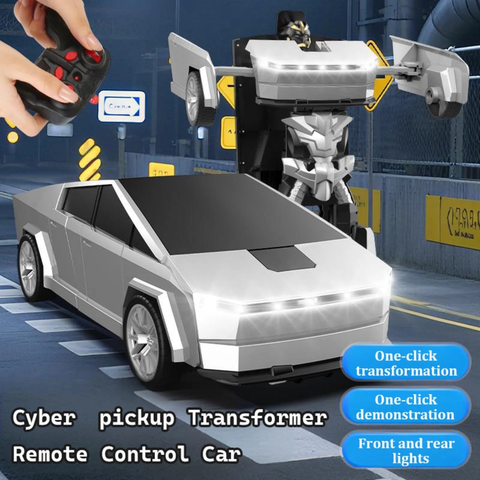 Kids Remote Control Car Cyber Truck Transformer Robot 360° Rotation Drift with LED Lights