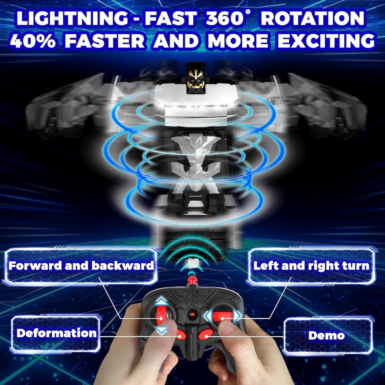 Kids Remote Control Car Cyber Truck Transformer Robot 360° Rotation Drift with LED Lights