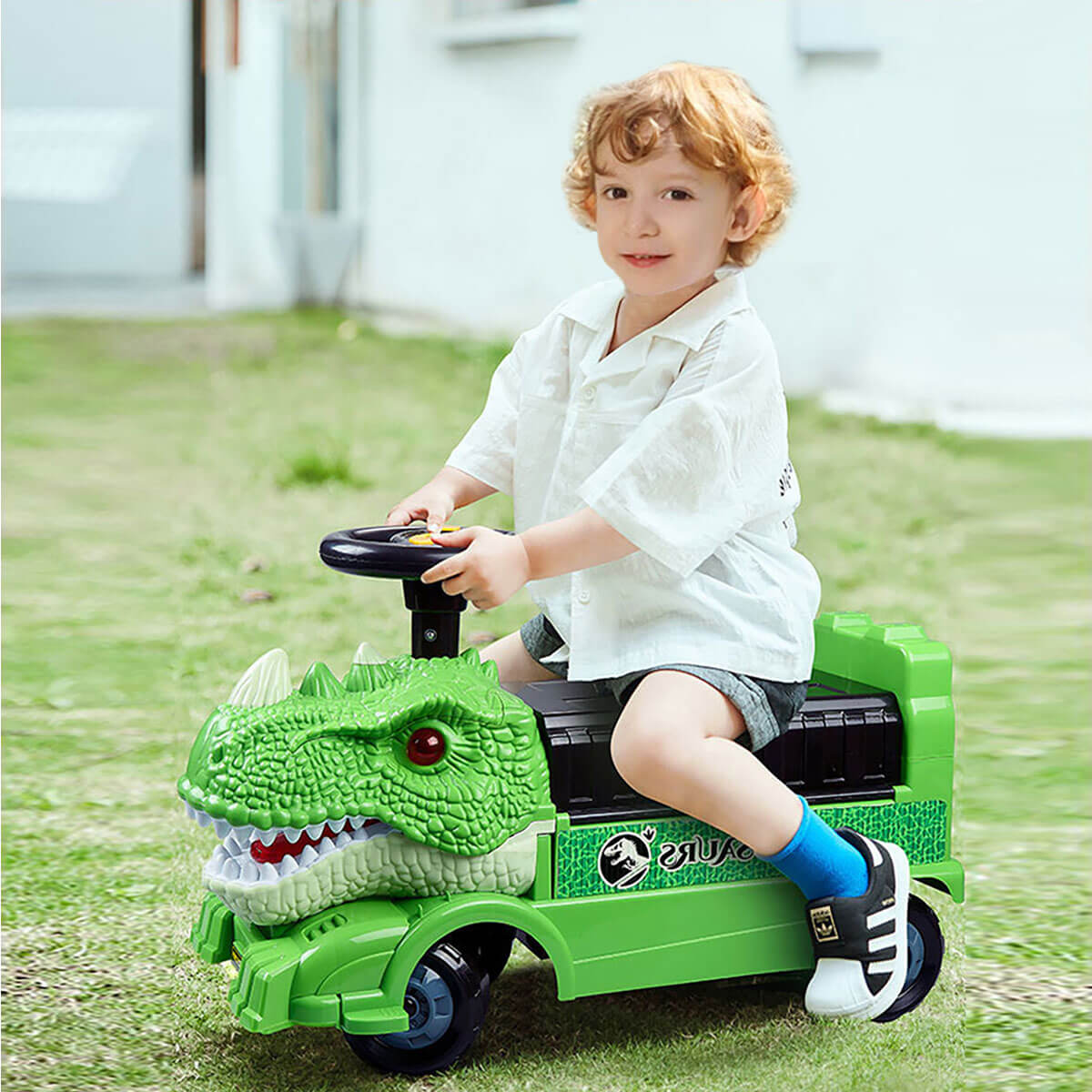 Kids Ride On Dinosaur Car Transformable Parking Lot With Music Story For Girls & Boys