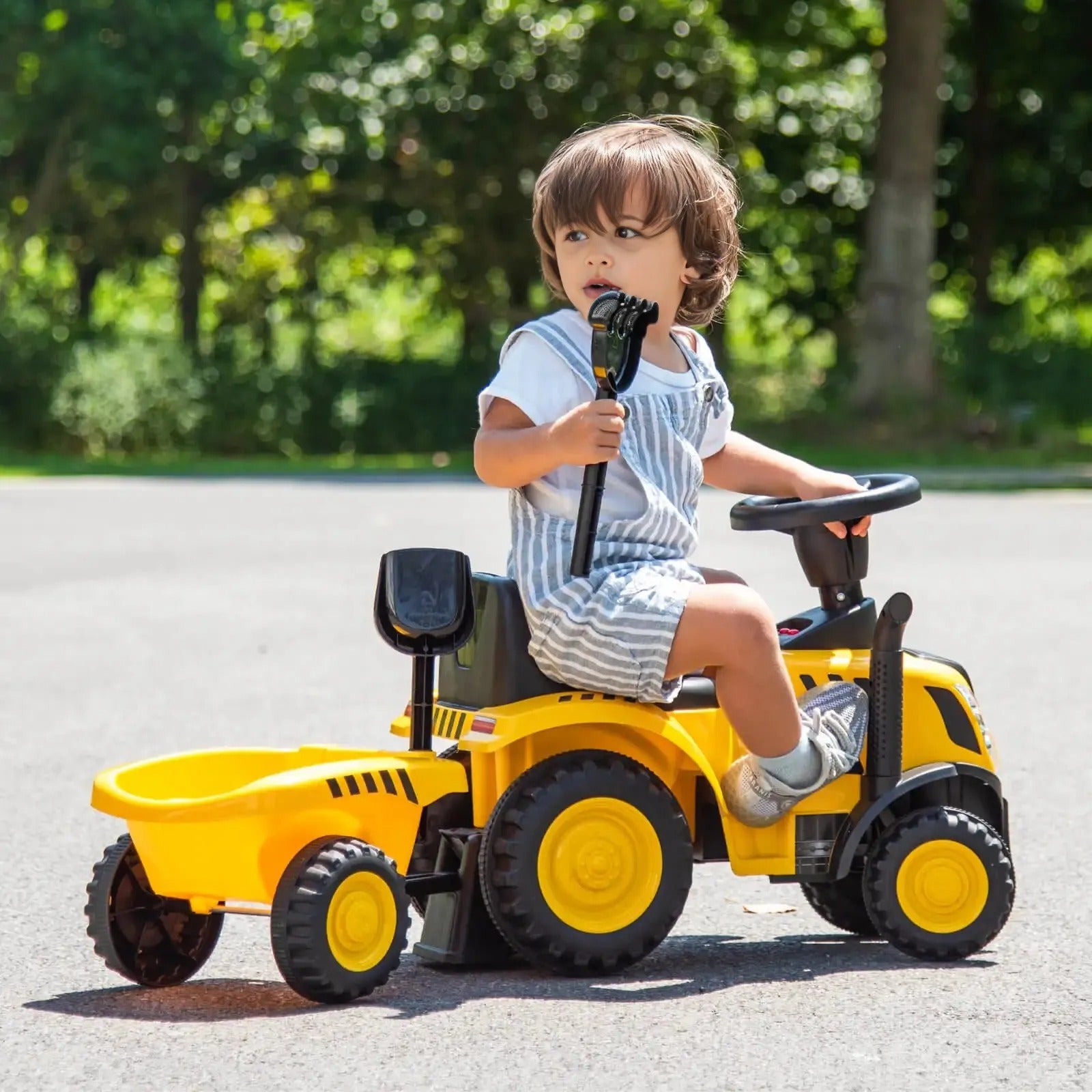 Kids Ride-On Tractor Foot-to-Floor Sliding Car with Detachable Trailer, LED Lights, Horn, and Sand Play Tools for Ages 1.5-3