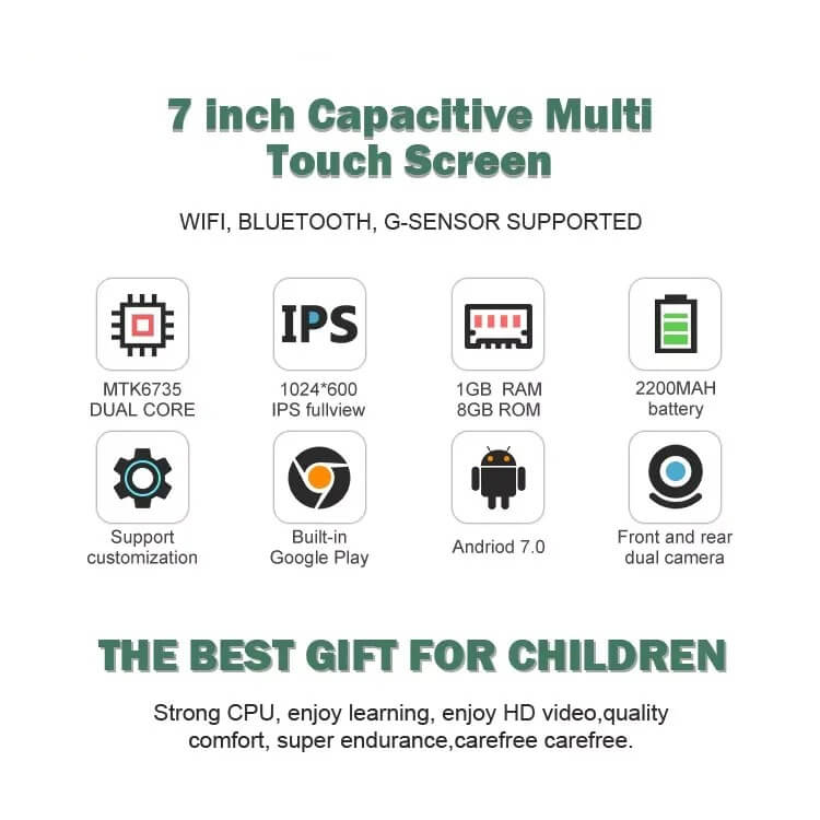 7'' Kids Tablet with Cute Silicone Case Eye Protection IPS Screen Tablet Educational Learning Toys for Kids 3+
