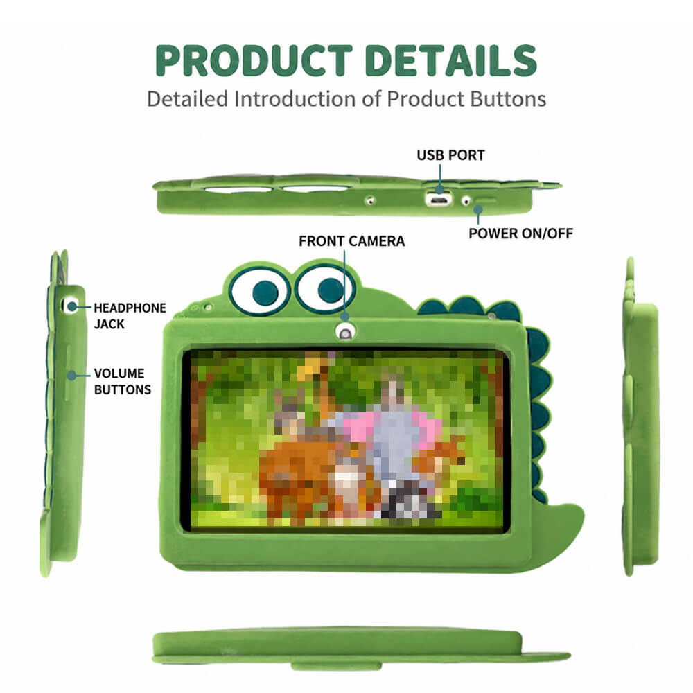 7'' Kids Tablet with Cute Silicone Case Eye Protection IPS Screen Tablet Educational Learning Toys for Kids 3+