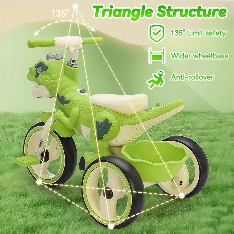 Toddler Dino Tricycle Adjustable Handlebars Ride-on Toy with Storage Basket Music and Light