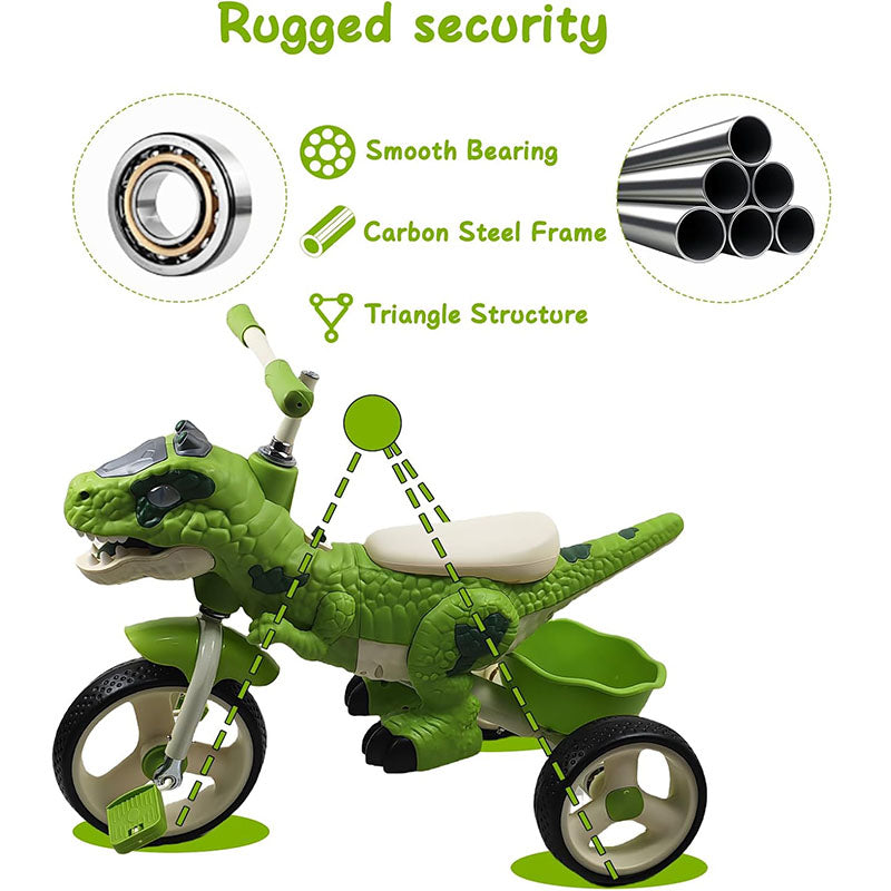 Toddler Dino Tricycle Adjustable Handlebars Ride-on Toy with Storage Basket Music and Light