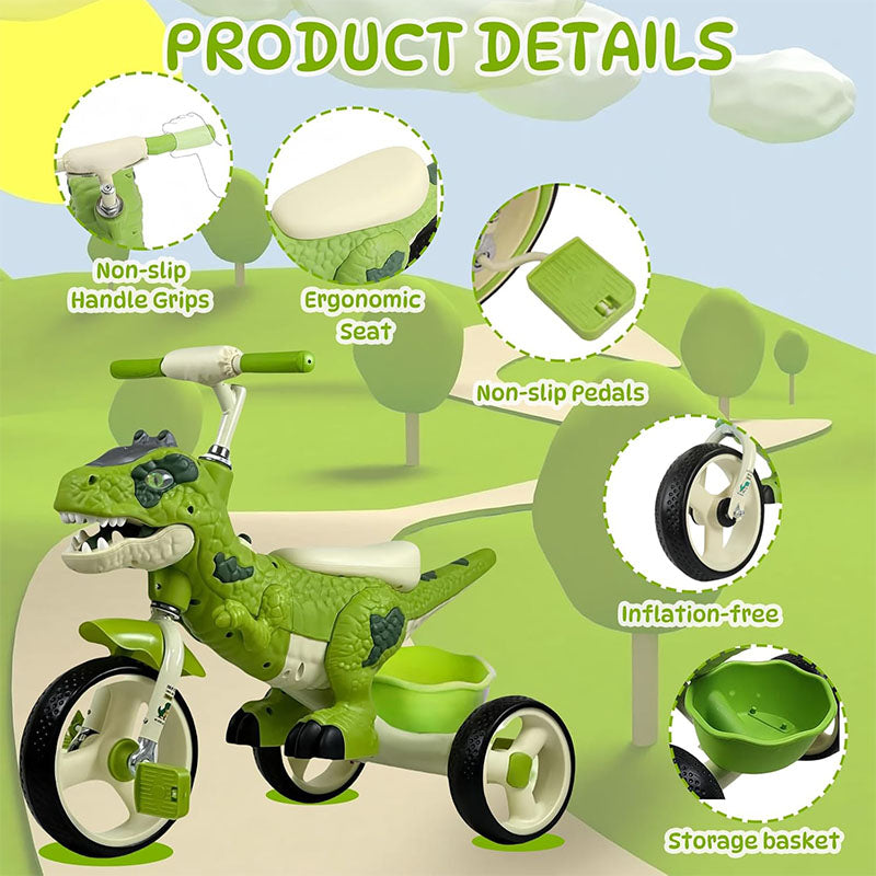 Toddler Dino Tricycle Adjustable Handlebars Ride-on Toy with Storage Basket Music and Light