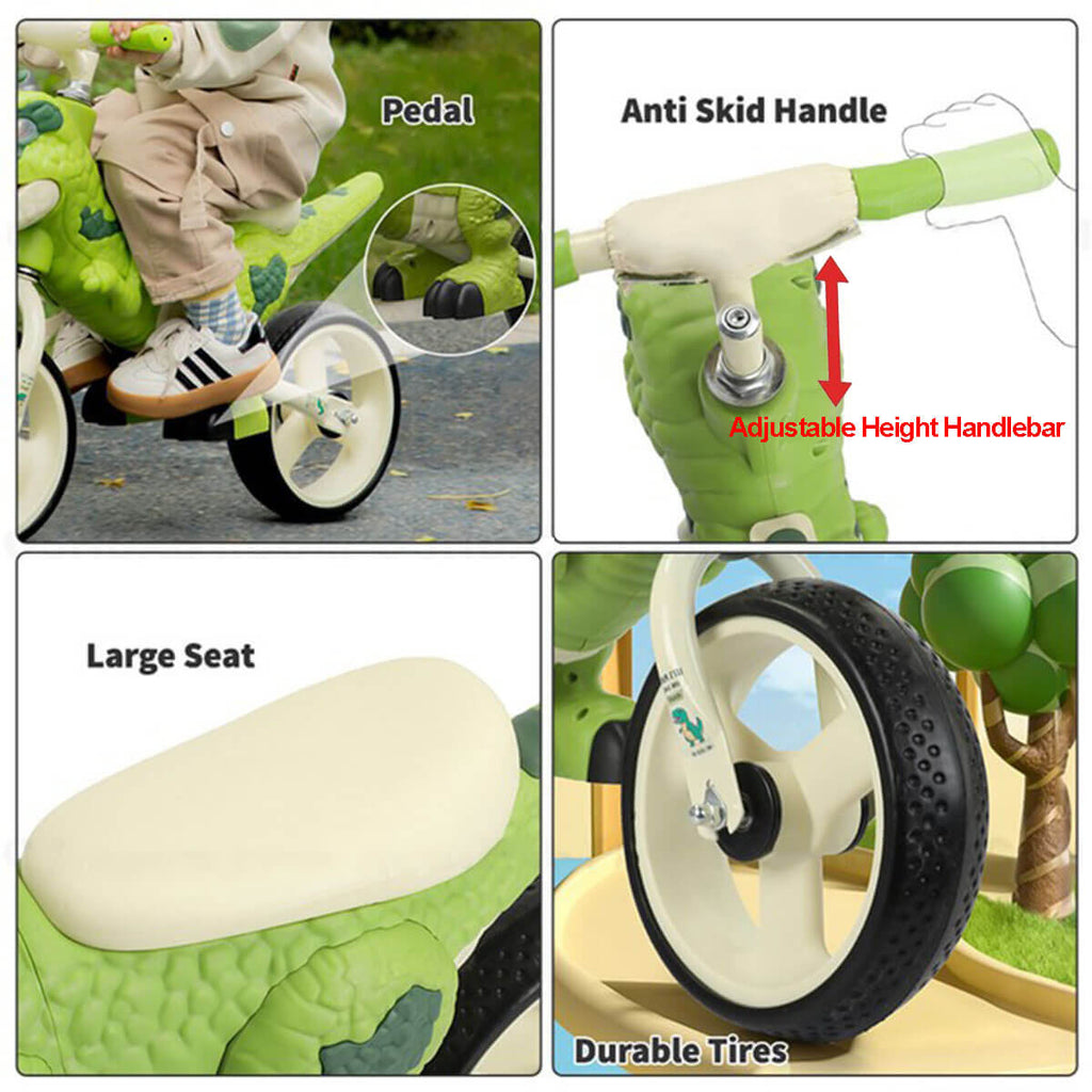 Toddler Dino Tricycle Adjustable Handlebars Ride-on Toy with Storage Basket Music and Light