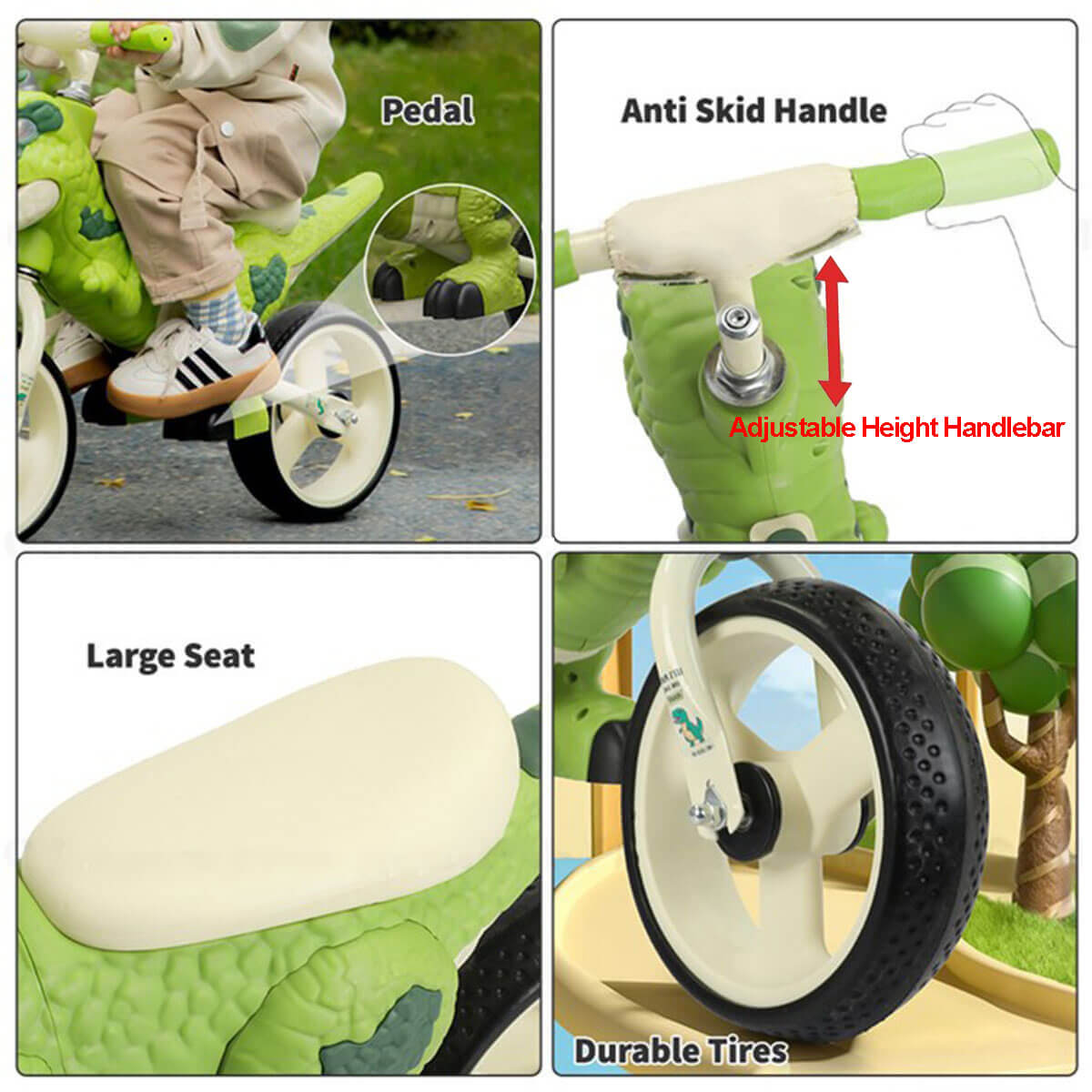 Toddler Dino Tricycle Adjustable Handlebars Ride-on Toy with Storage Basket Music and Light