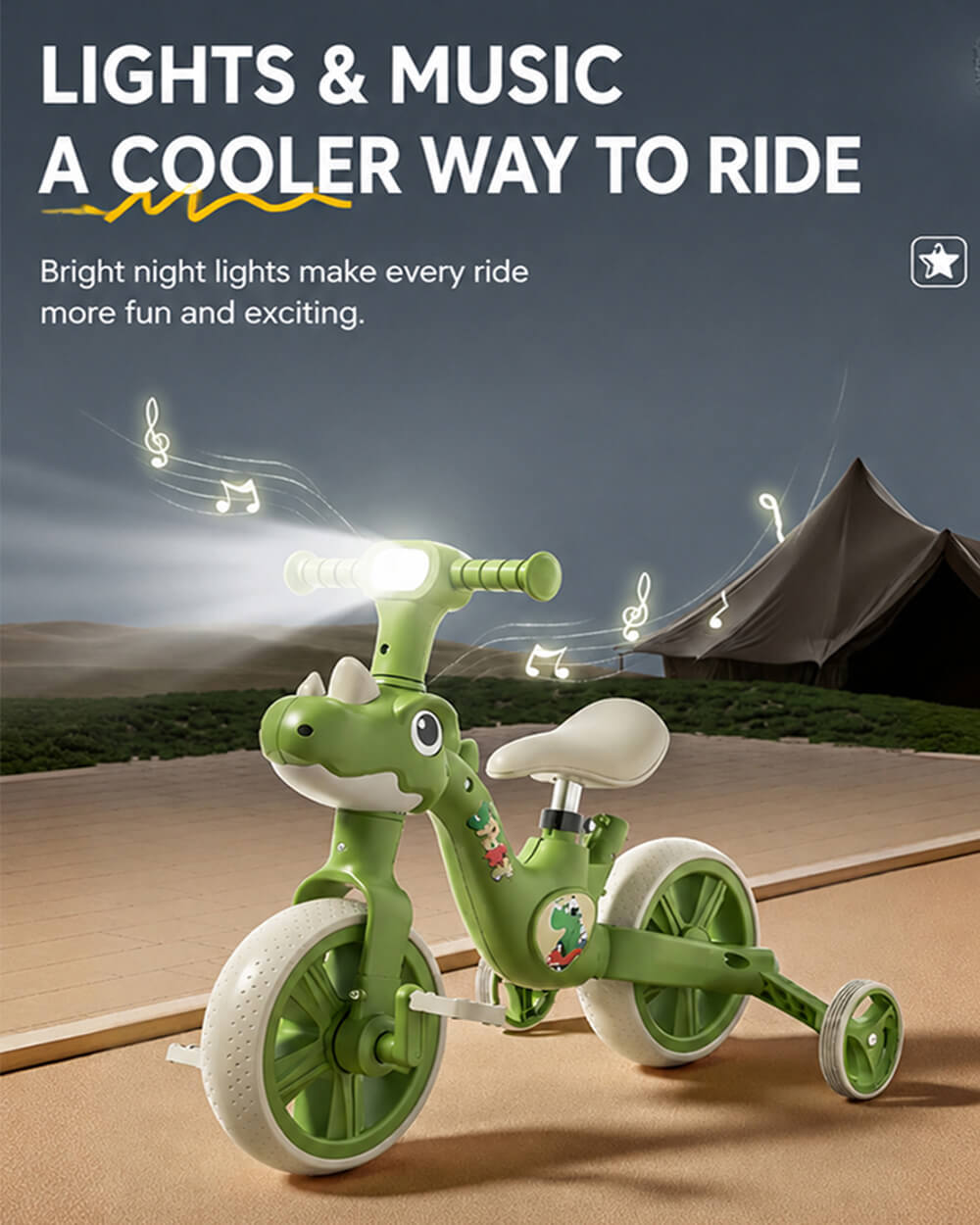 4 IN 1 Kids Tricycle Dino Toddler Balance Bike Push Tricycle with Lights and Music for Boys and Girls