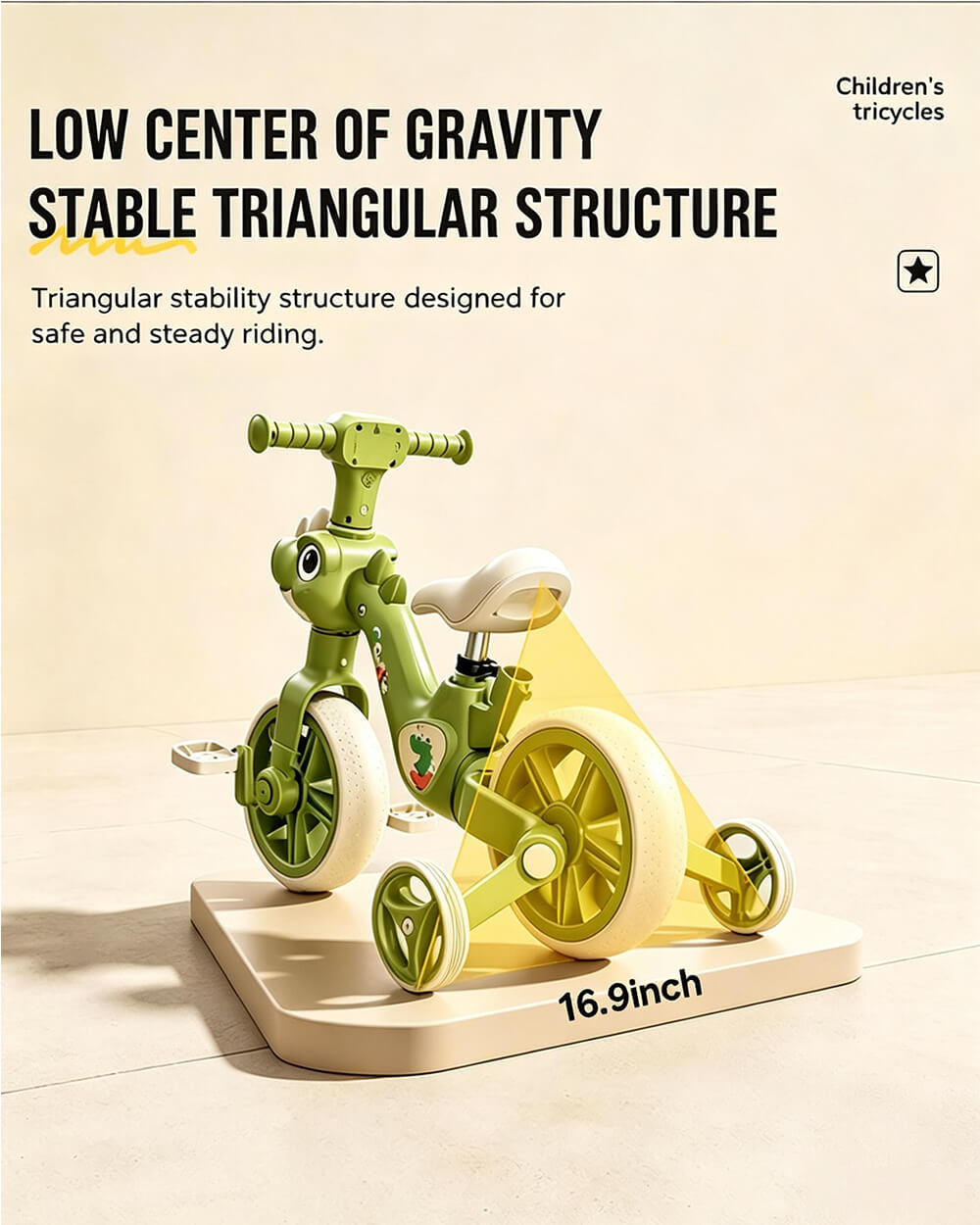 4 IN 1 Kids Tricycle Dino Toddler Balance Bike Push Tricycle with Lights and Music for Boys and Girls