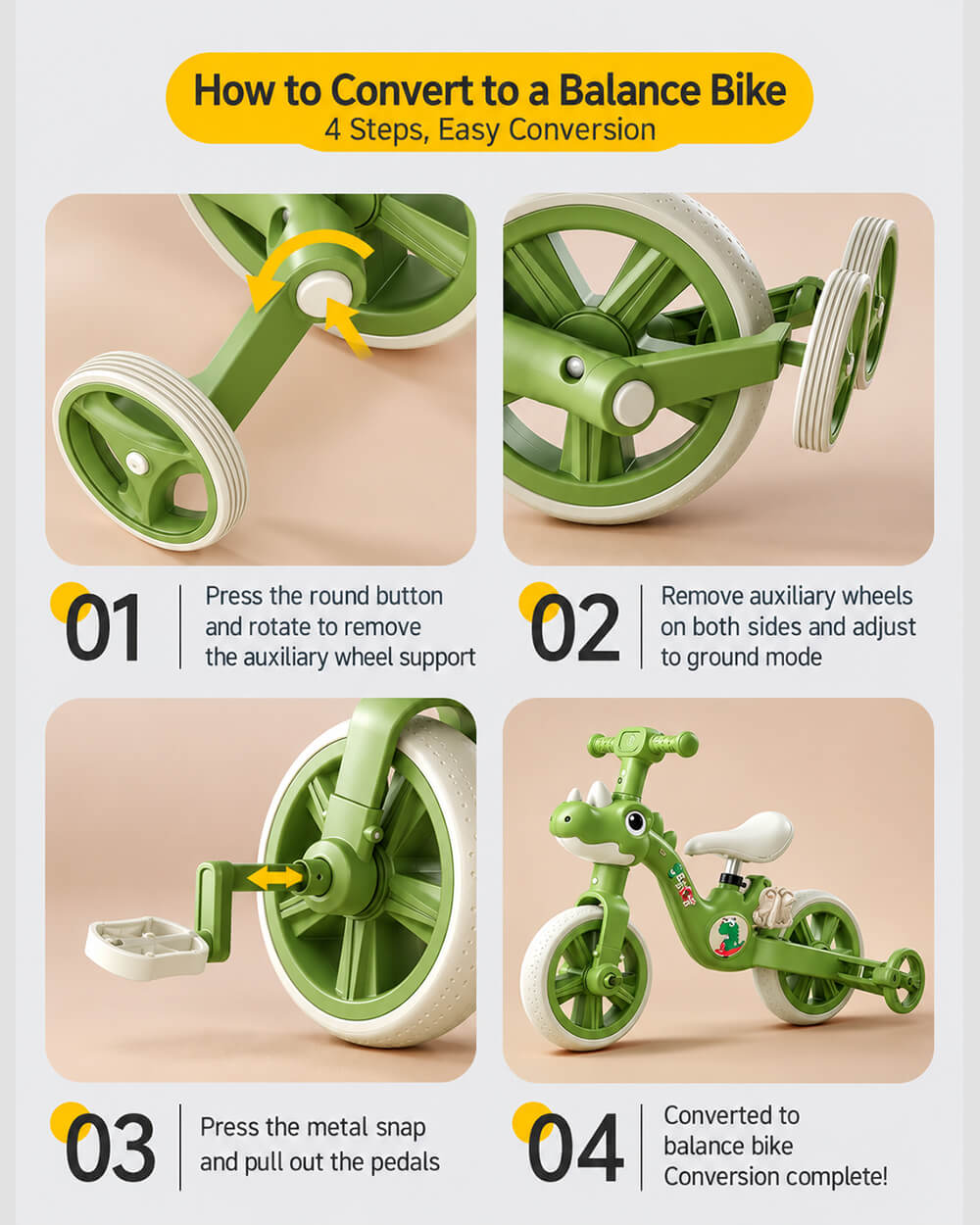 4 IN 1 Kids Tricycle Dino Toddler Balance Bike Push Tricycle with Lights and Music for Boys and Girls