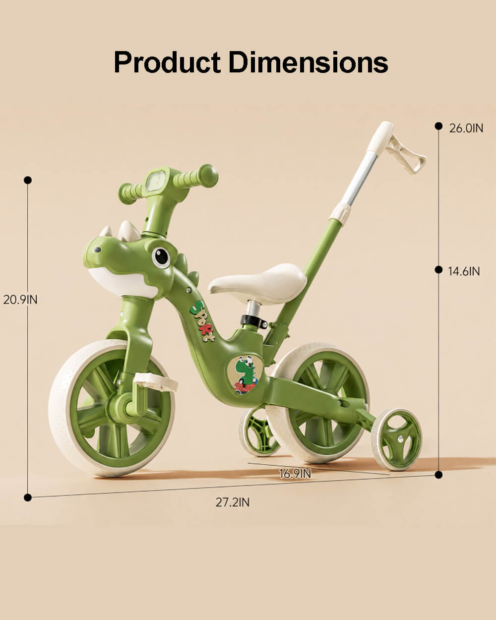 4 IN 1 Kids Tricycle Dino Toddler Balance Bike Push Tricycle with Lights and Music for Boys and Girls