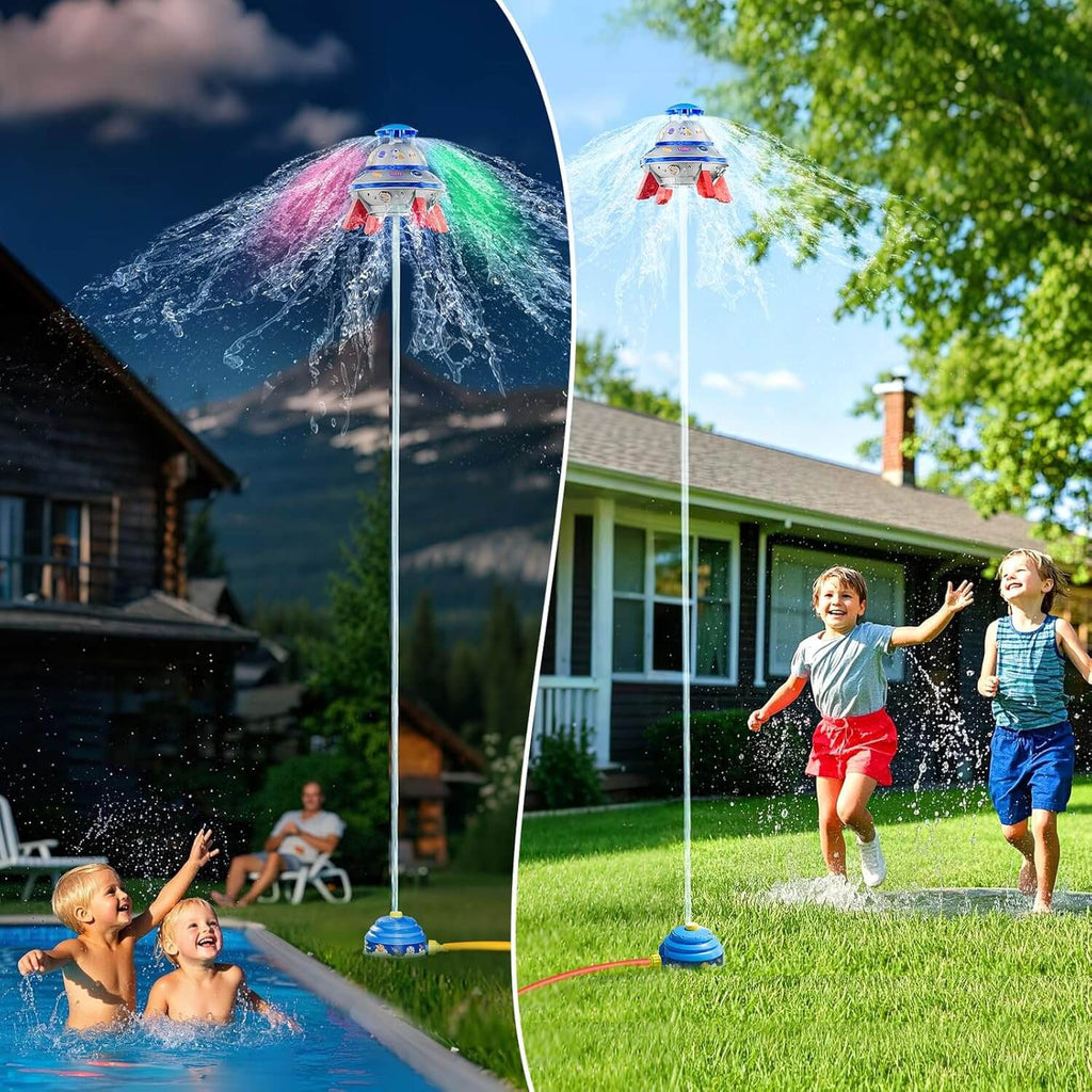 Kids UFO Rocket Sprinkler 360° Rotating Summer Water Pressure Lift Sprinkler Outdoor Water Toy