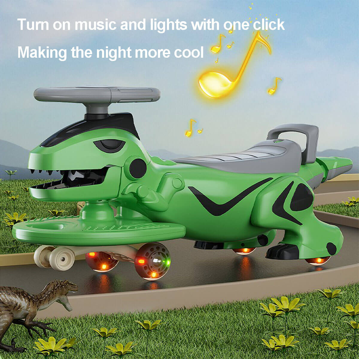 Kids Wiggle Car Dinosaur Anti-Rollover Car Ride On Toy With Flashing Wheels & Music