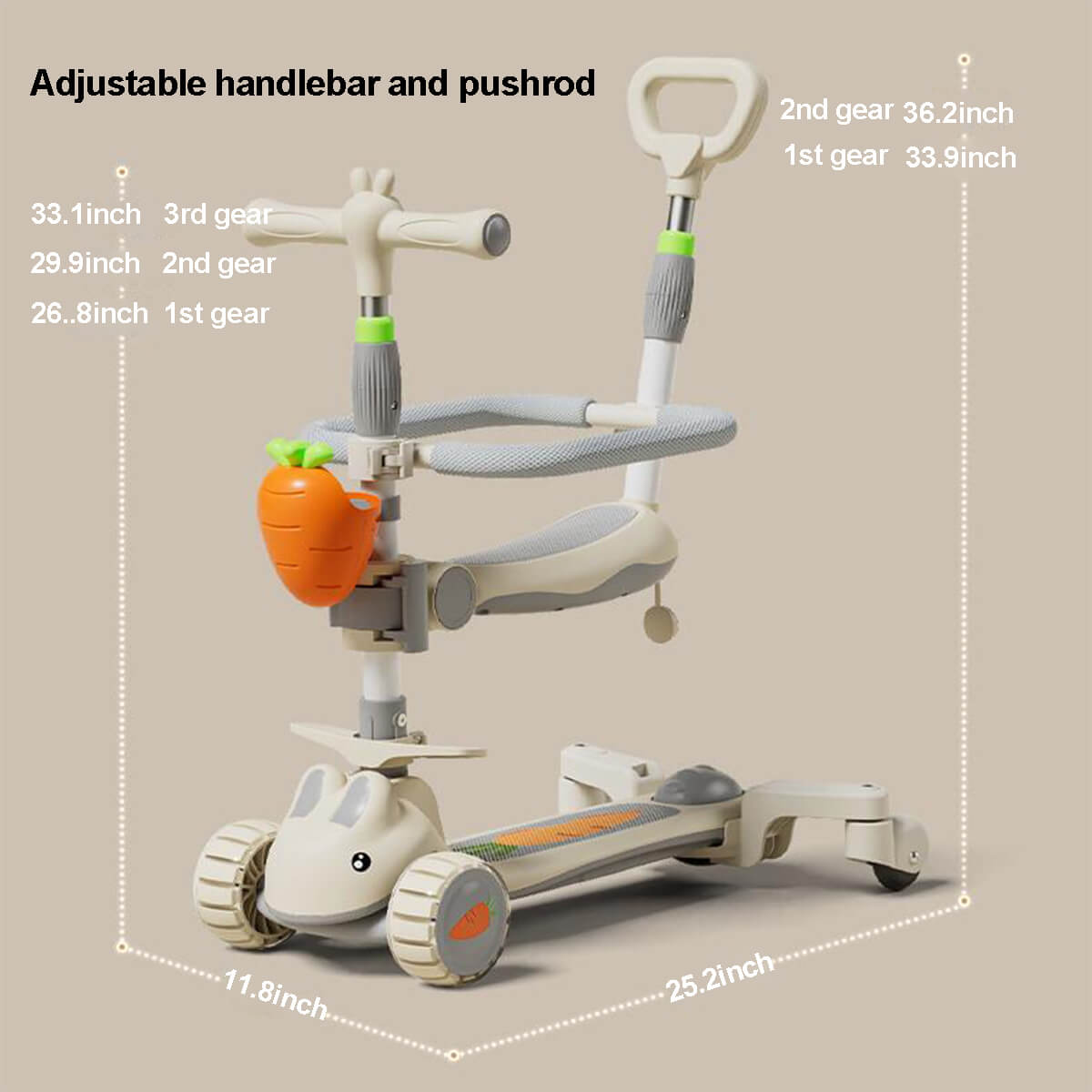 3-in-1 Toddler Scooter Cute Push Scooter with Parent Handle Kids Foldable Scooter For 1-8 Years Old
