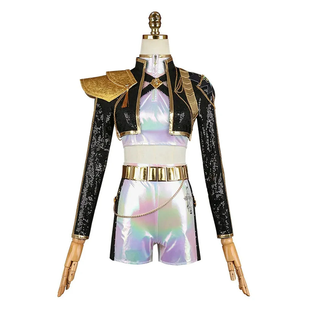 Dance Idol Costume Golden Black Suit Long Wig Pop Star Dress Up Outfit