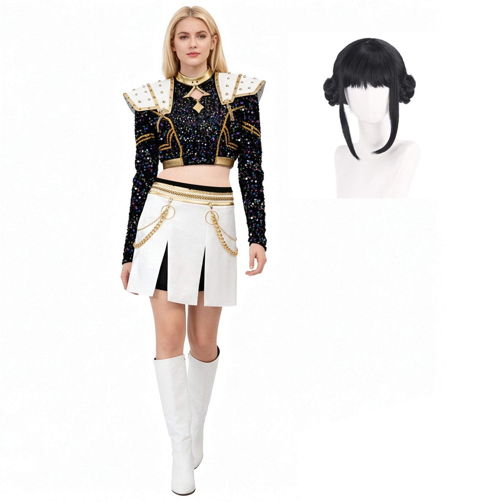 Pop Star Golden Performance Costume Black/White/Gold Stage Dance Outfit Halloween Cosplay