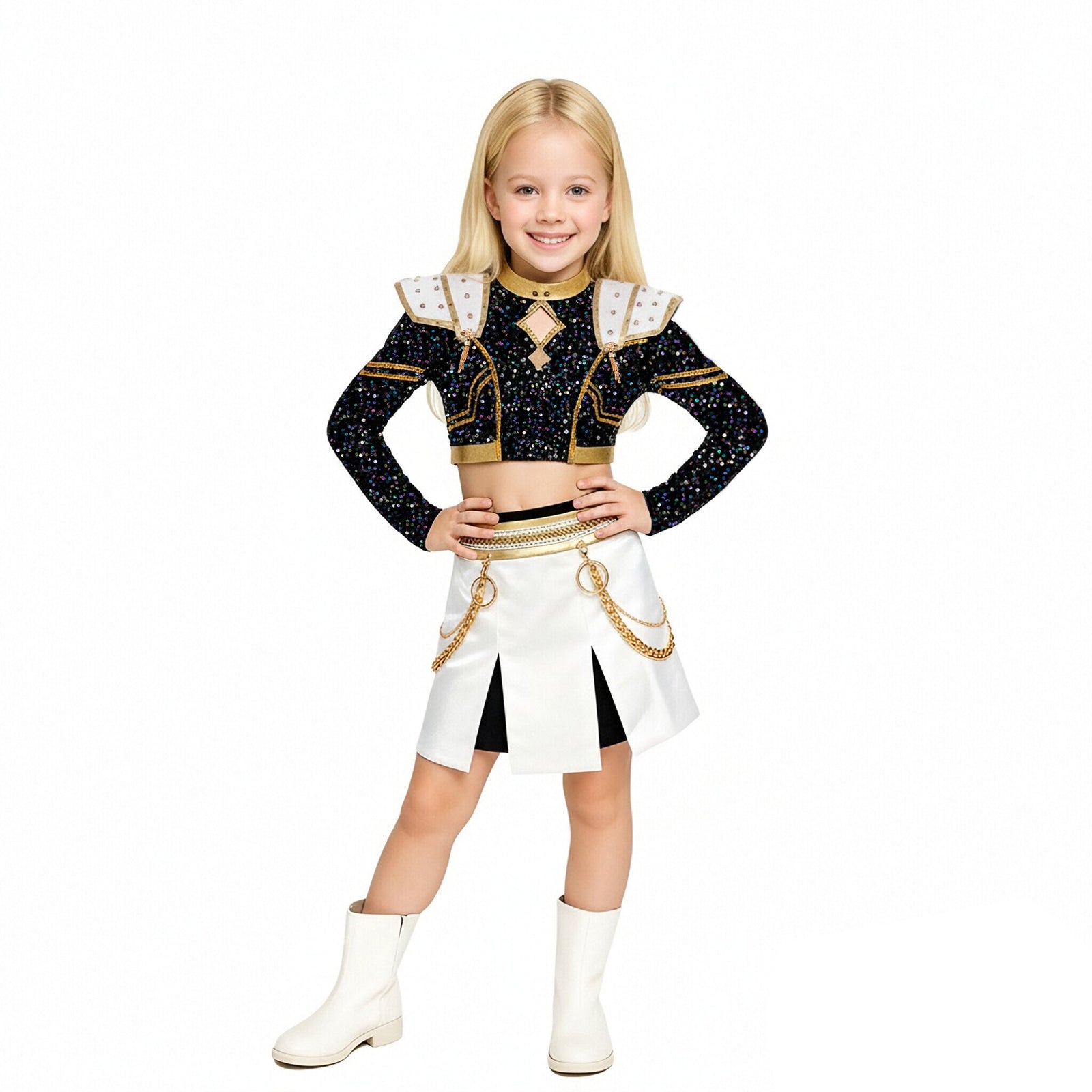 Pop Star Golden Performance Costume Black/White/Gold Stage Dance Outfit Halloween Cosplay