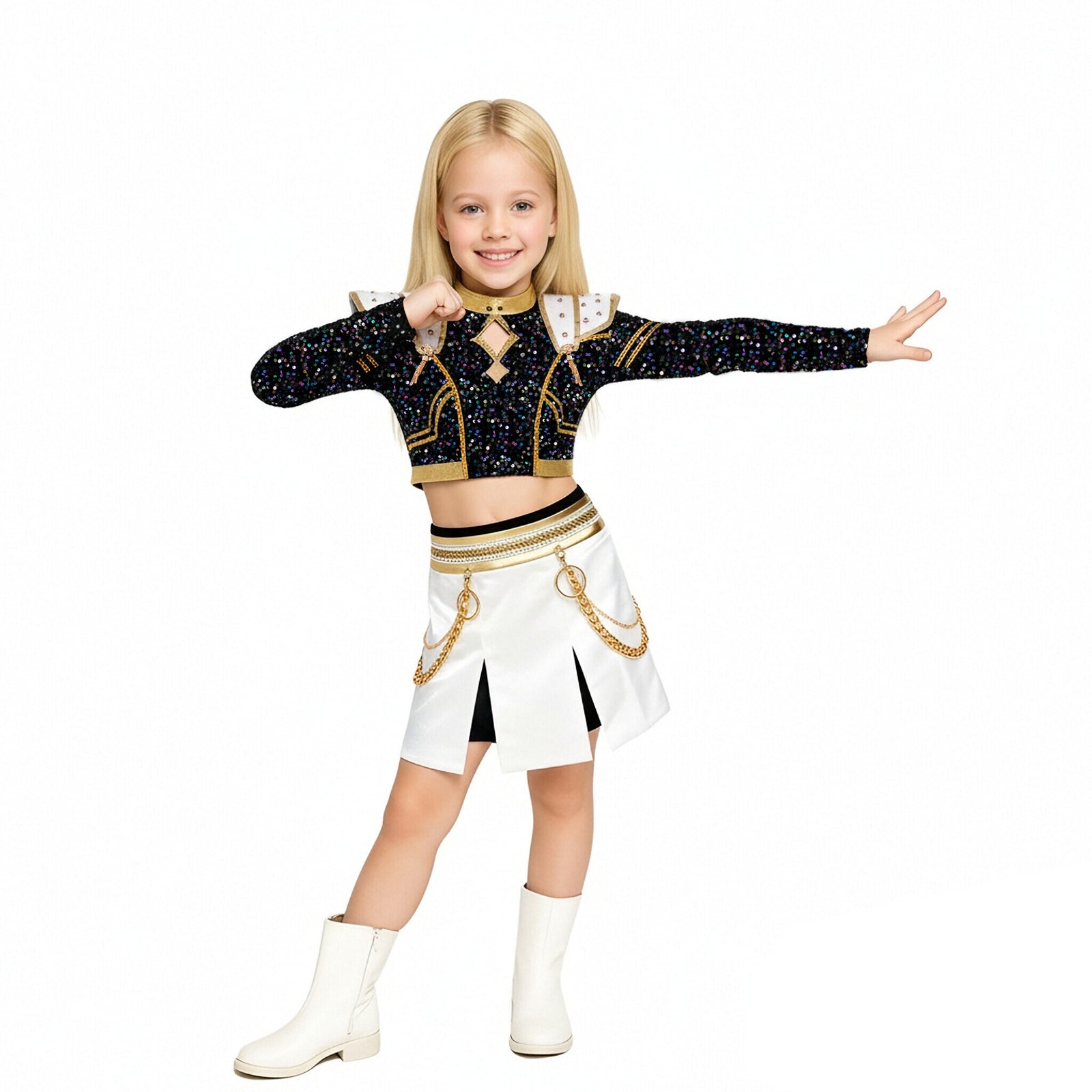 Pop Star Golden Performance Costume Black/White/Gold Stage Dance Outfit Halloween Cosplay