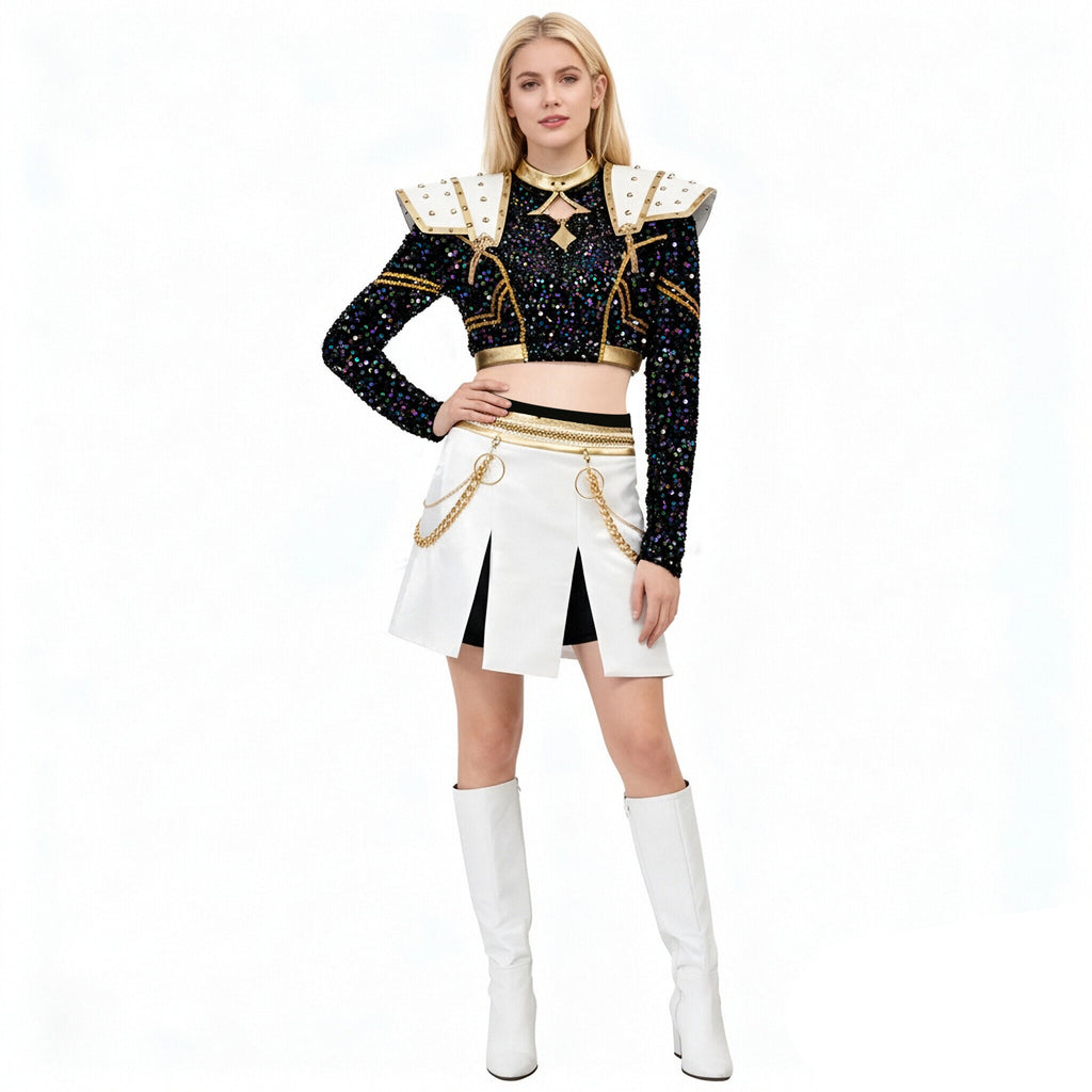 Pop Star Golden Performance Costume Black/White/Gold Stage Dance Outfit Halloween Cosplay
