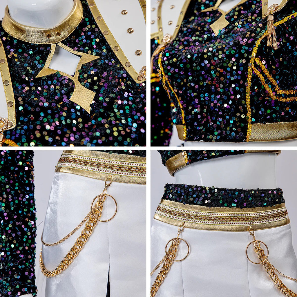 Pop Star Golden Performance Costume Black/White/Gold Stage Dance Outfit Halloween Cosplay