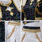 Pop Star Golden Performance Costume Black/White/Gold Stage Dance Outfit Halloween Cosplay
