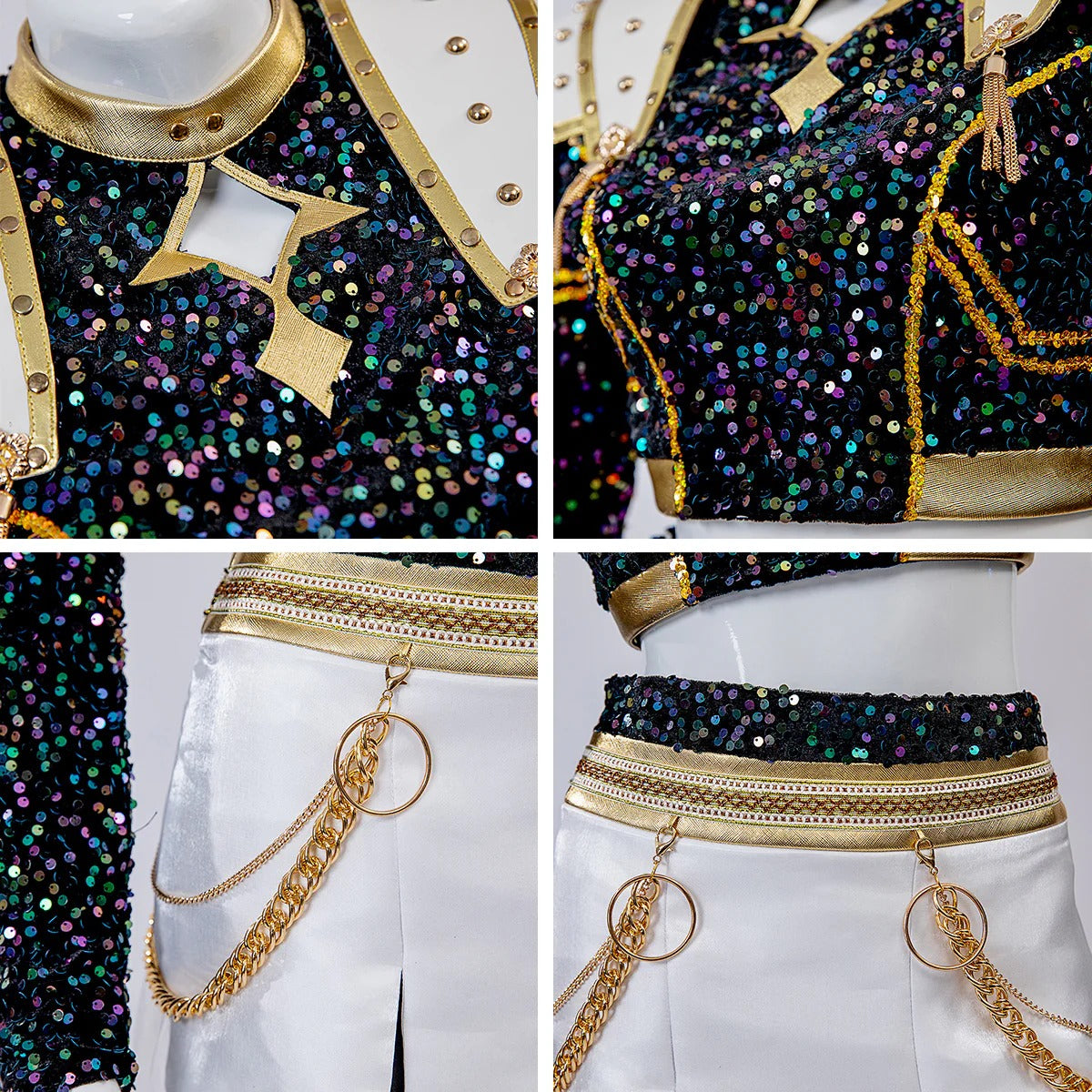 Pop Star Golden Performance Costume Black/White/Gold Stage Dance Outfit Halloween Cosplay