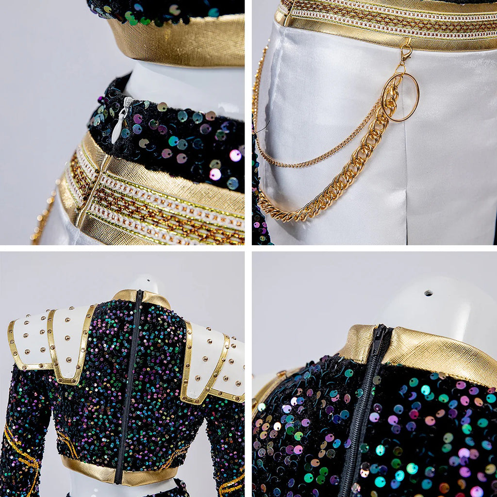 Pop Star Golden Performance Costume Black/White/Gold Stage Dance Outfit Halloween Cosplay